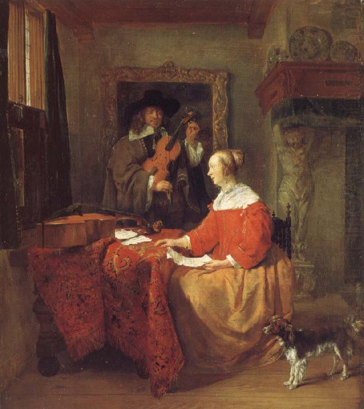 A Woman Seated at a Table and a Man Tuning a Violin, Gabriel Metsu